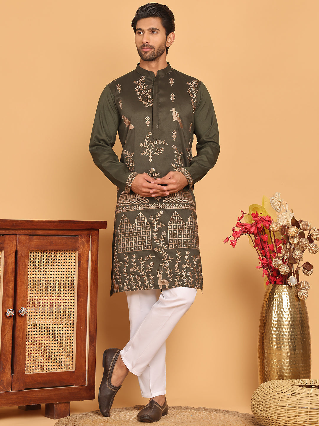 Embroidered Straight Kurta Set For Men ( JOKP P 5185 Olive )
