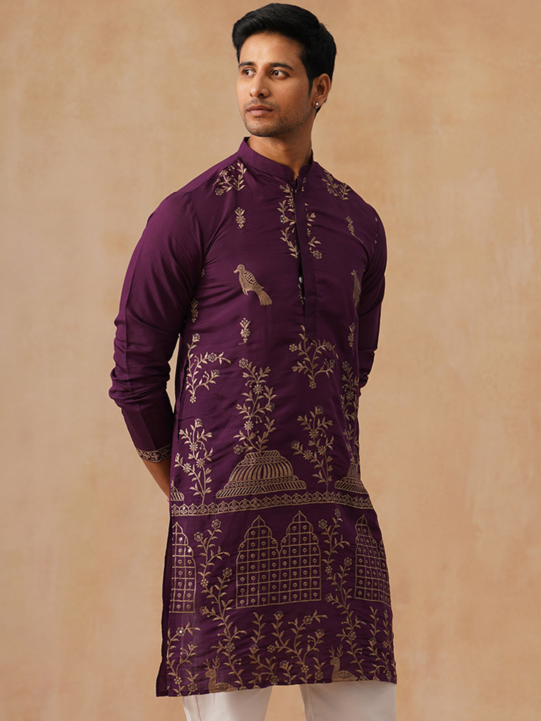 Embroidered Straight Kurta For Men (KO 5185 Purple ) [FF] [N-4]