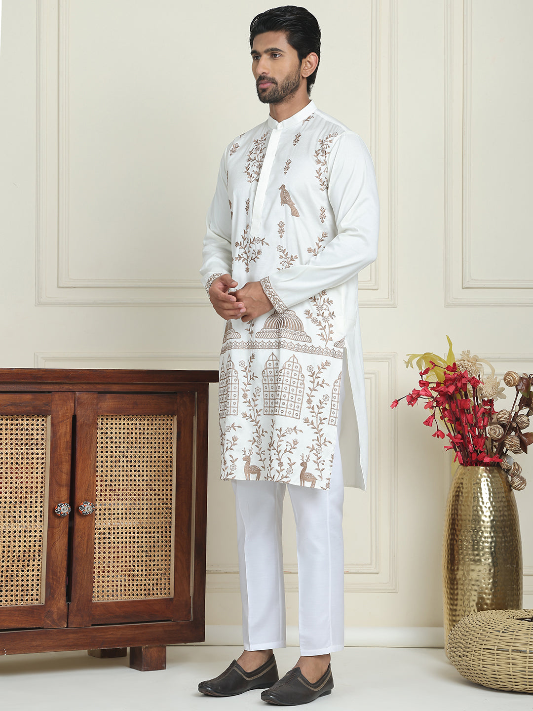 Embroidered Straight Kurta Set For Men ( JOKP P 5185 White )