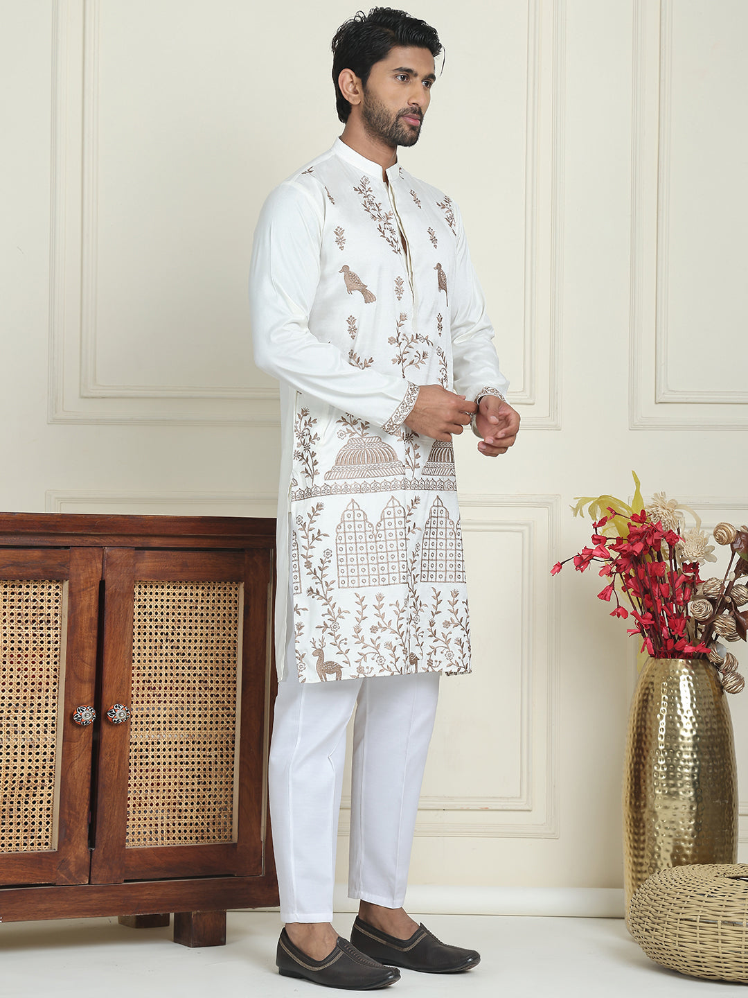 Embroidered Straight Kurta Set For Men ( JOKP P 5185 White )