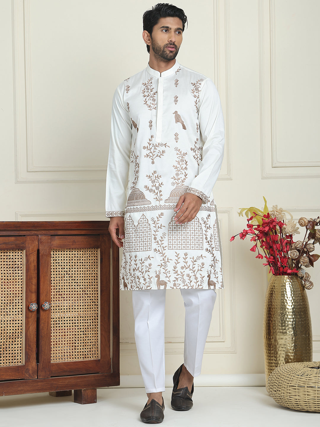 Embroidered Straight Kurta Set For Men ( JOKP P 5185 White )