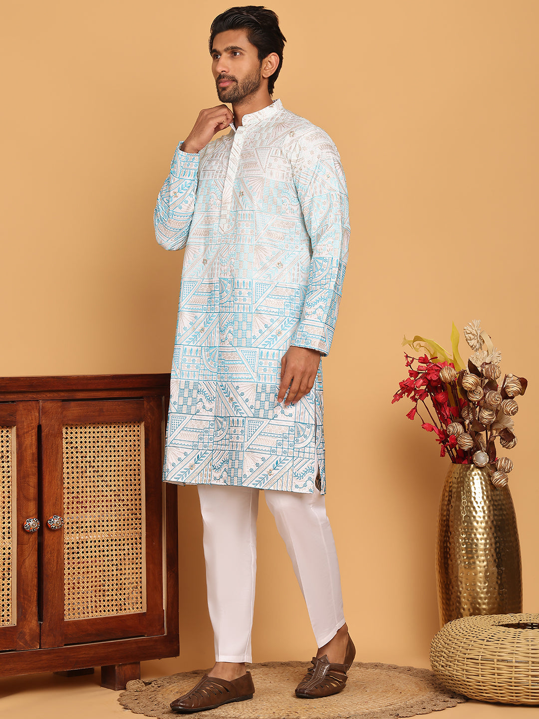 Embroidered, Ombre Design Kurta with Pyjamas ( JOKP P 5186 Sky )