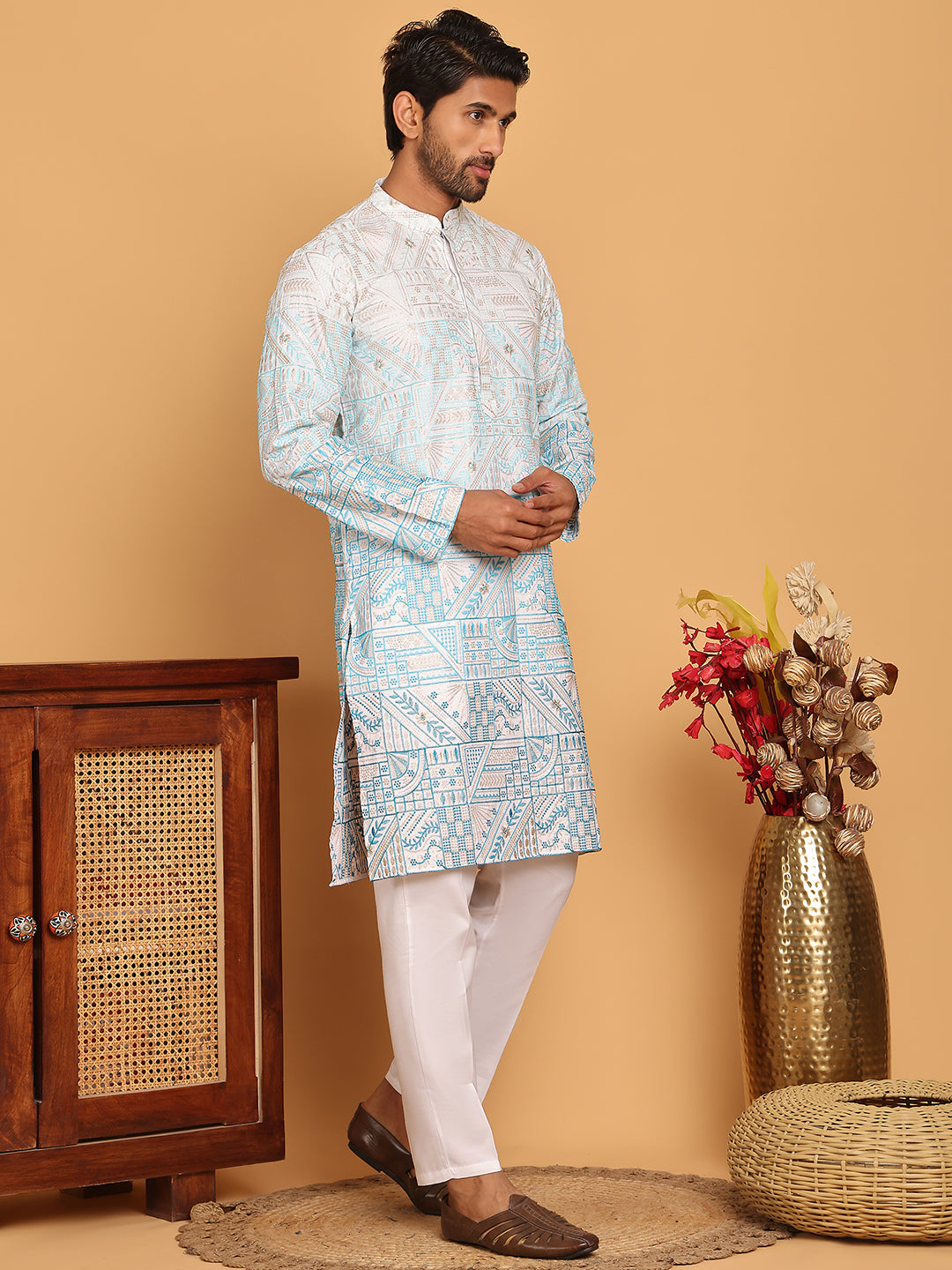 Embroidered, Ombre Design Kurta with Pyjamas ( JOKP P 5186 Sky )
