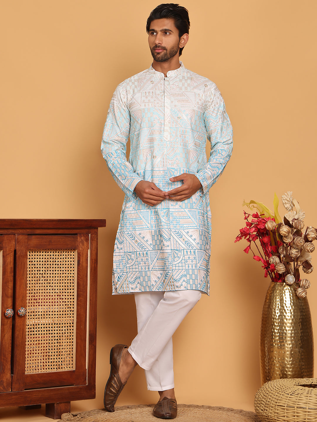 Embroidered, Ombre Design Kurta with Pyjamas ( JOKP P 5186 Sky )