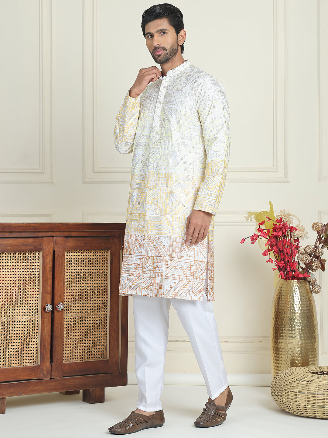 Embroidered, Ombre Design Kurta with Pyjamas ( JOKP P 5186 Yellow )