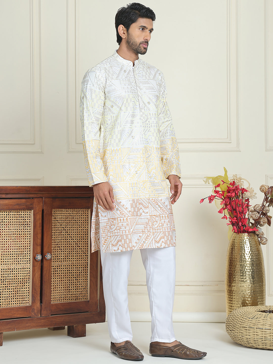 Embroidered, Ombre Design Kurta with Pyjamas ( JOKP P 5186 Yellow )