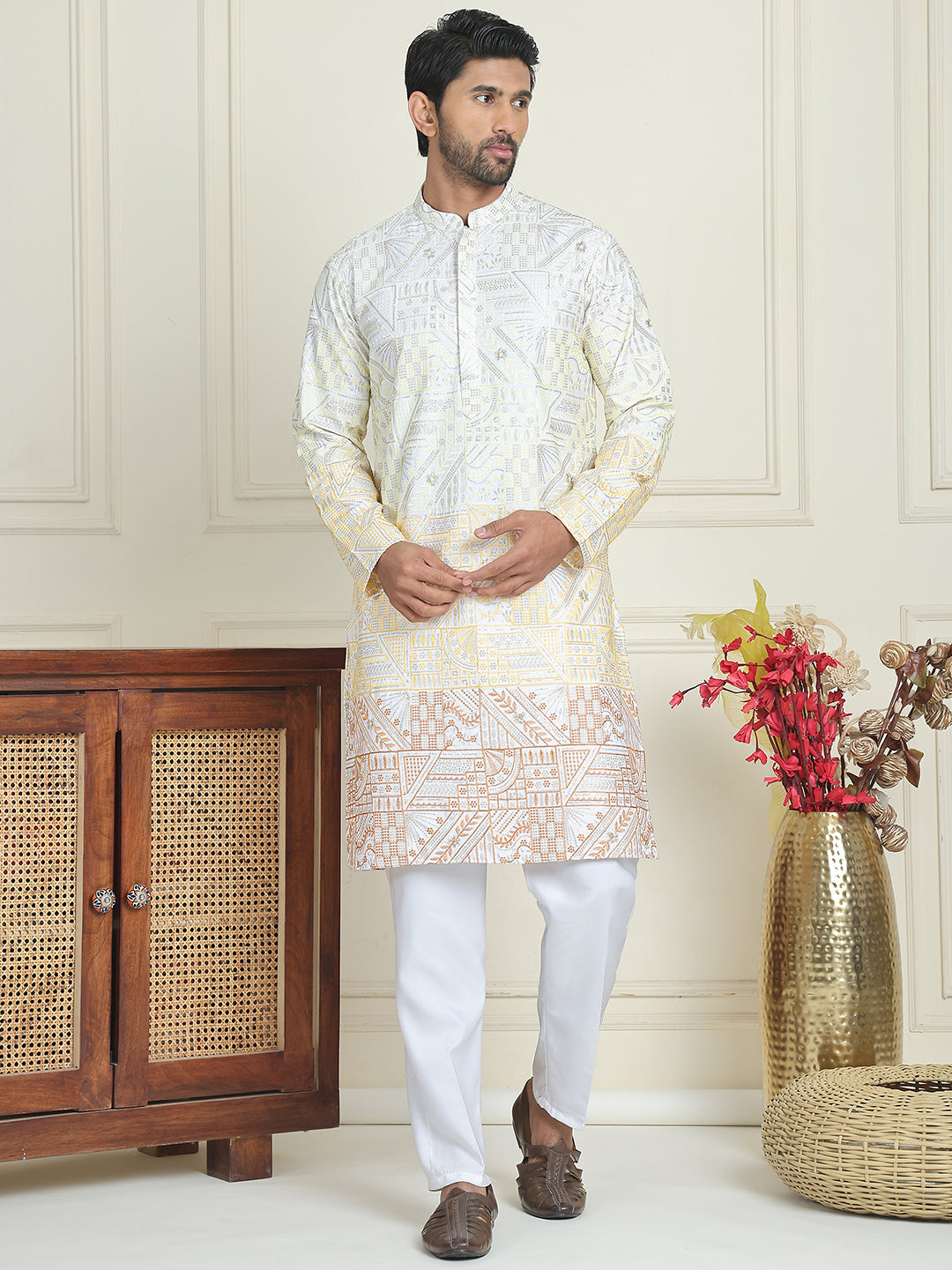 Embroidered, Ombre Design Kurta with Pyjamas ( JOKP P 5186 Yellow )