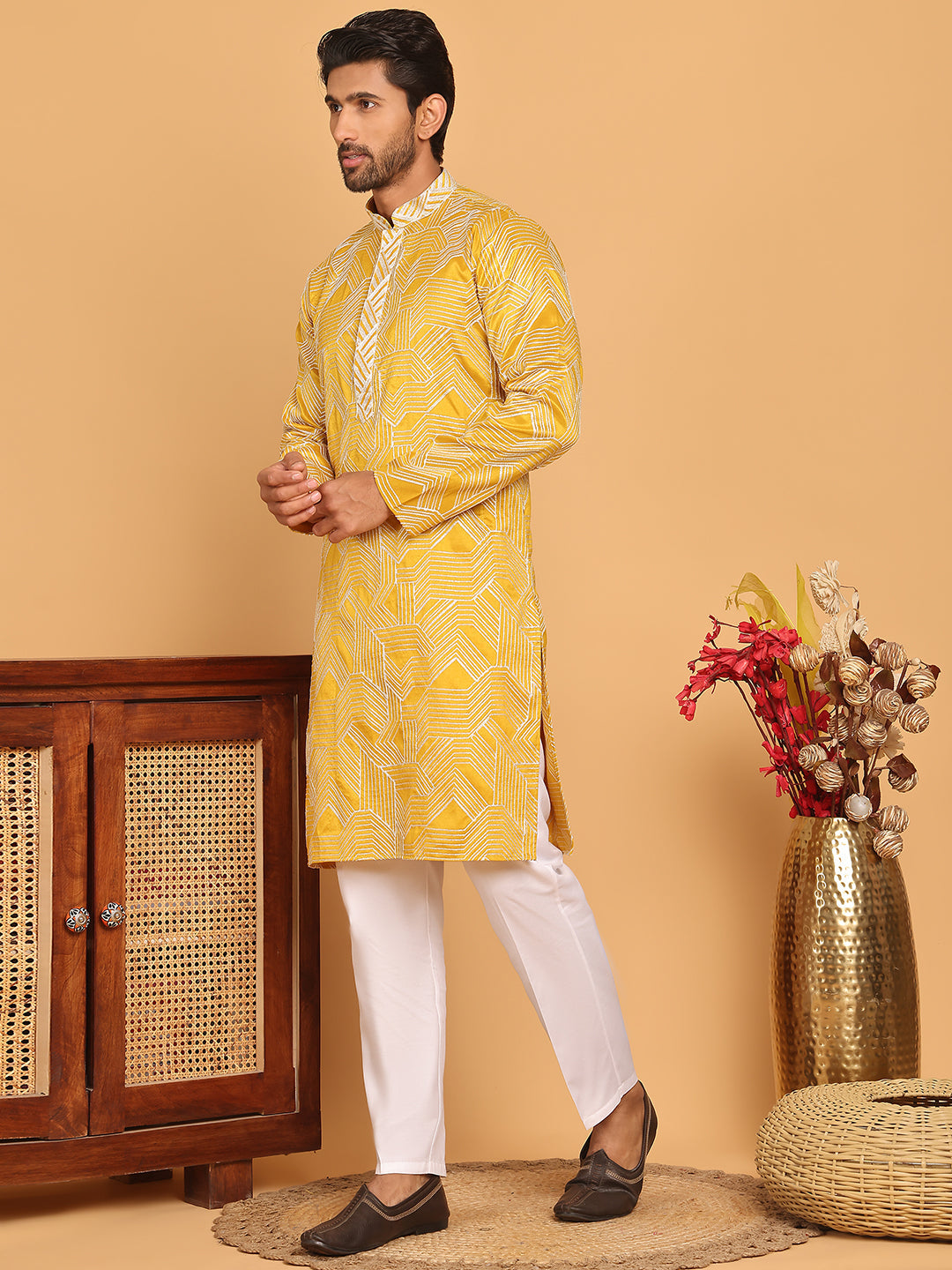 Embroidered straight Kurta with Pyjamas ( JOKP P 5187 Mustard )