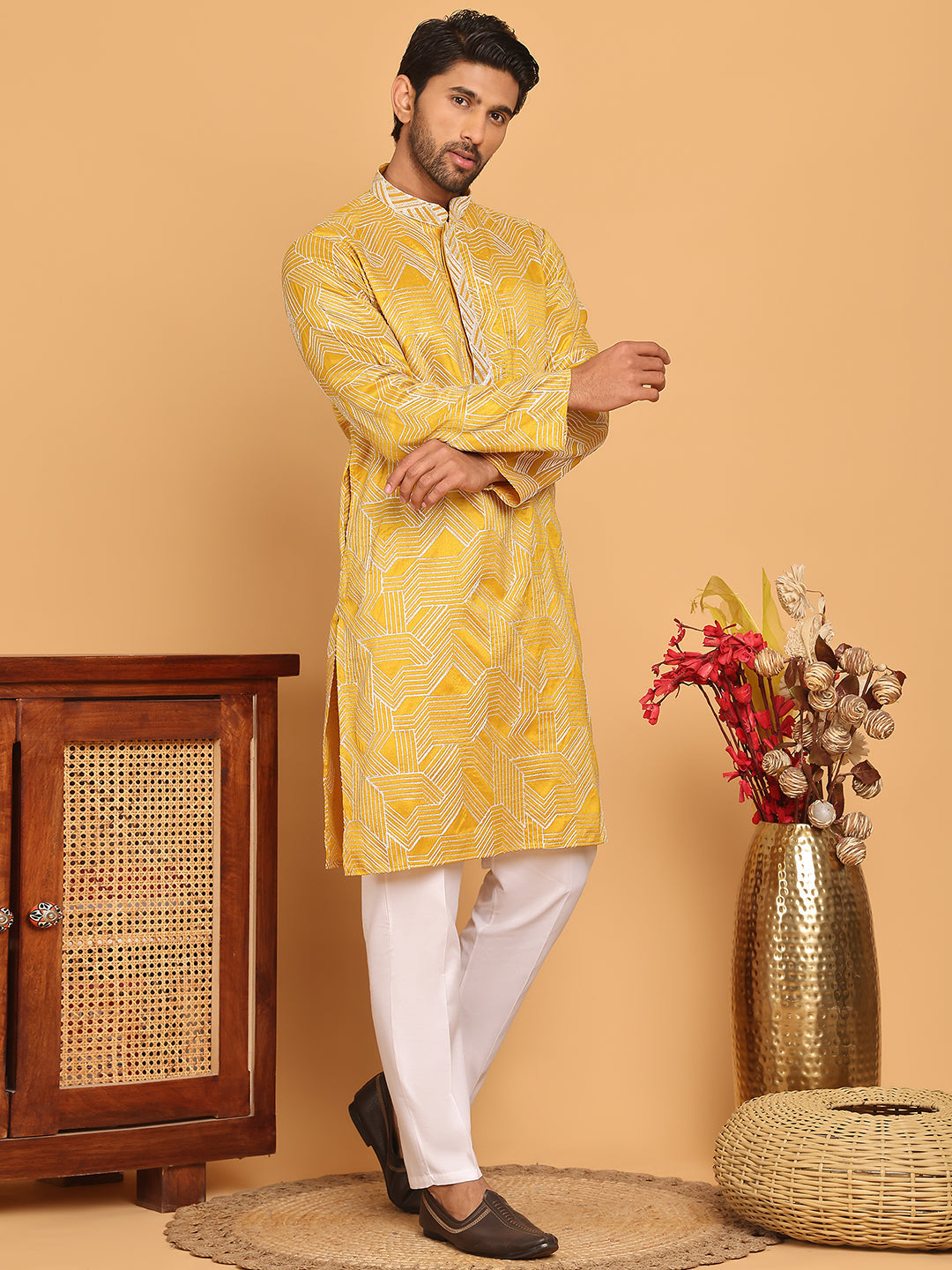 Embroidered straight Kurta with Pyjamas ( JOKP P 5187 Mustard )