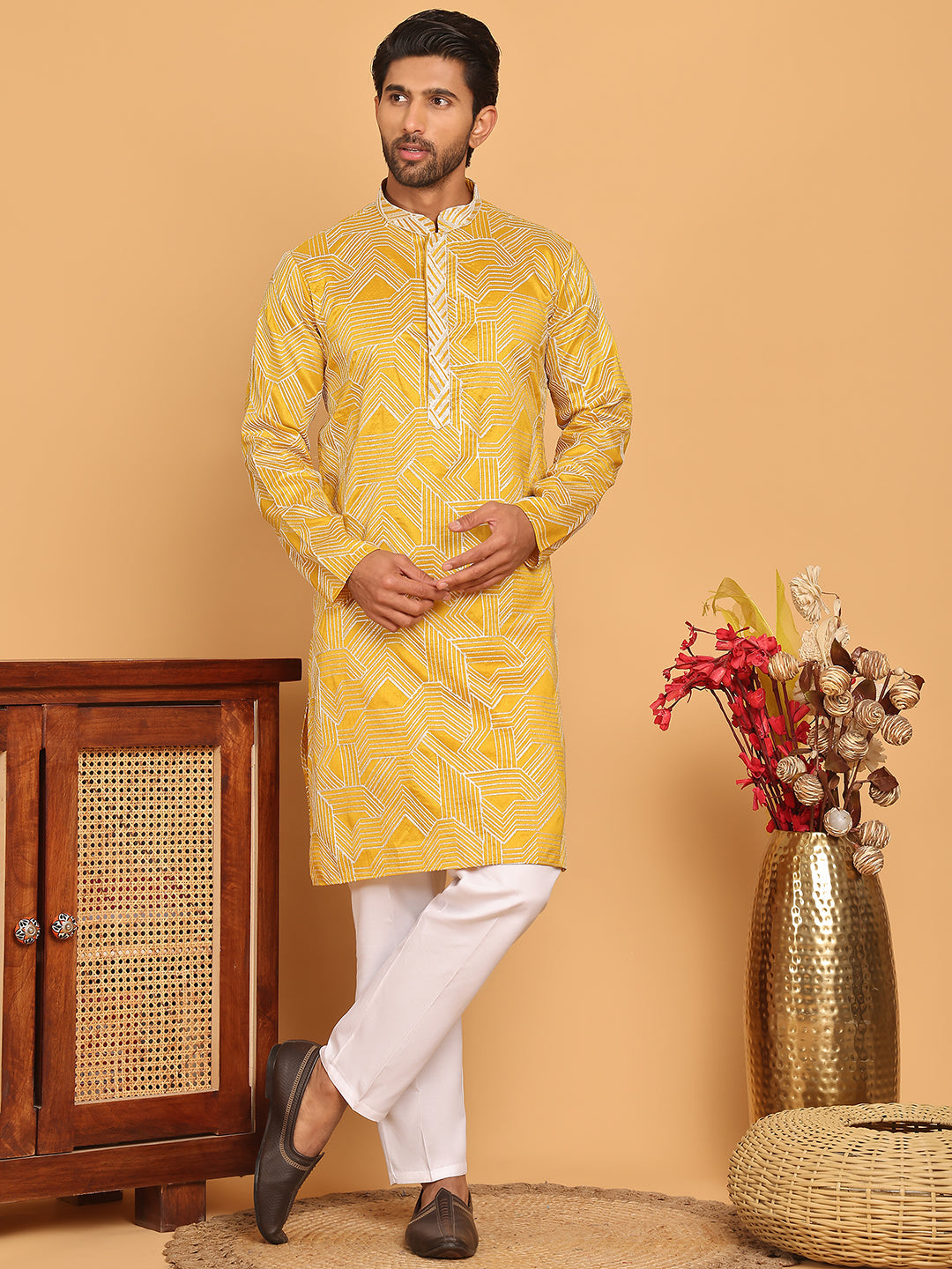 Embroidered straight Kurta with Pyjamas ( JOKP P 5187 Mustard )