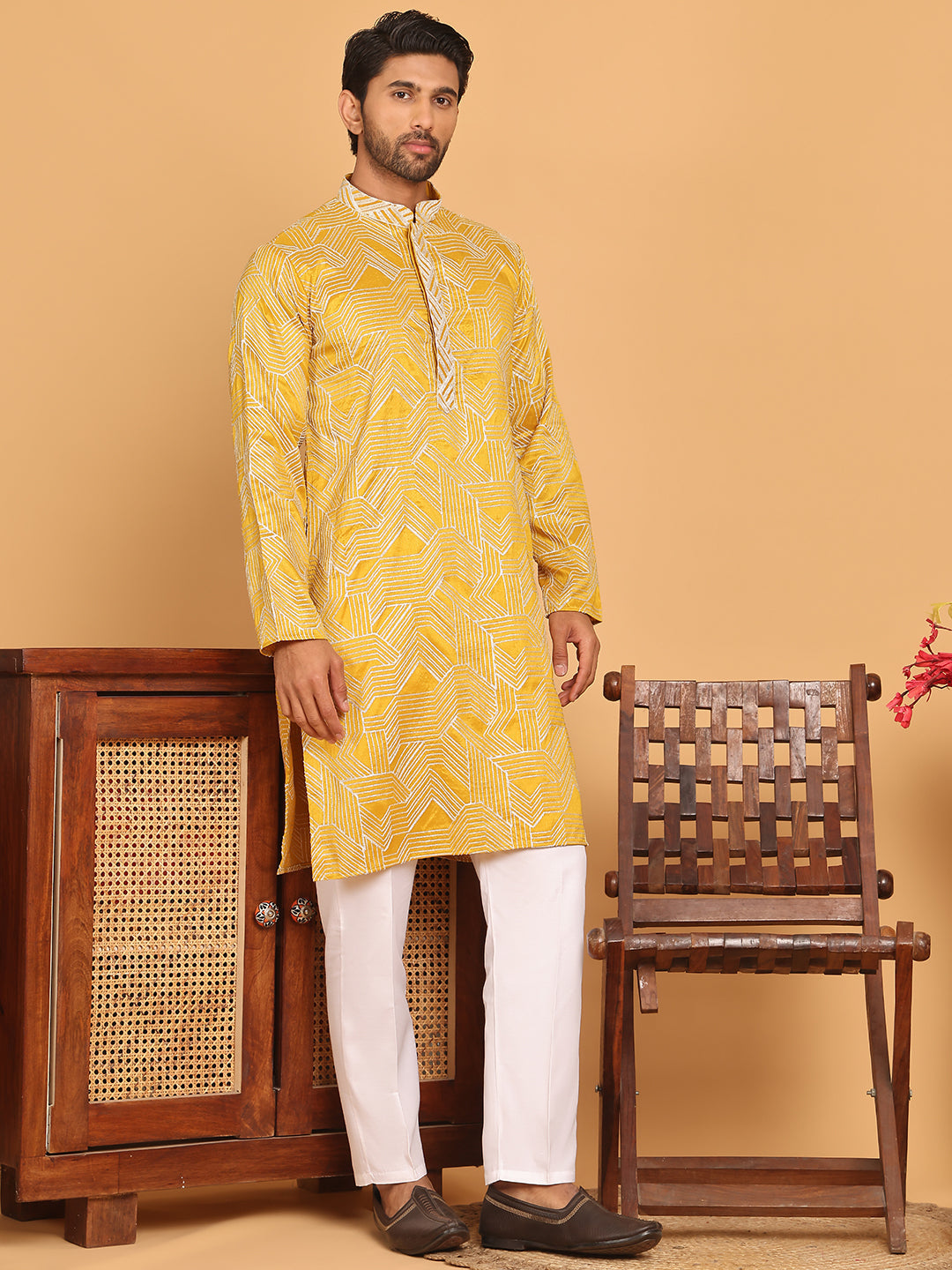 Embroidered straight Kurta with Pyjamas ( JOKP P 5187 Mustard )