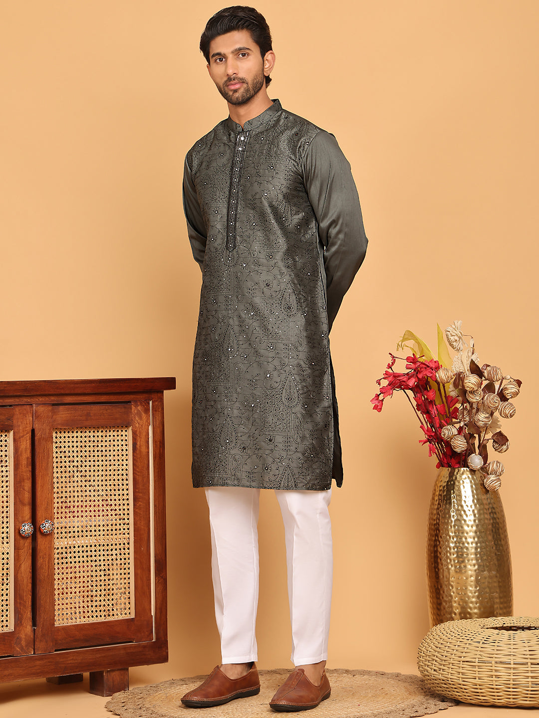 Sequins & Embroidered straight Kurta with Pyjamas ( JOKP P 5189 Grey ) [FF] [I-1-4]