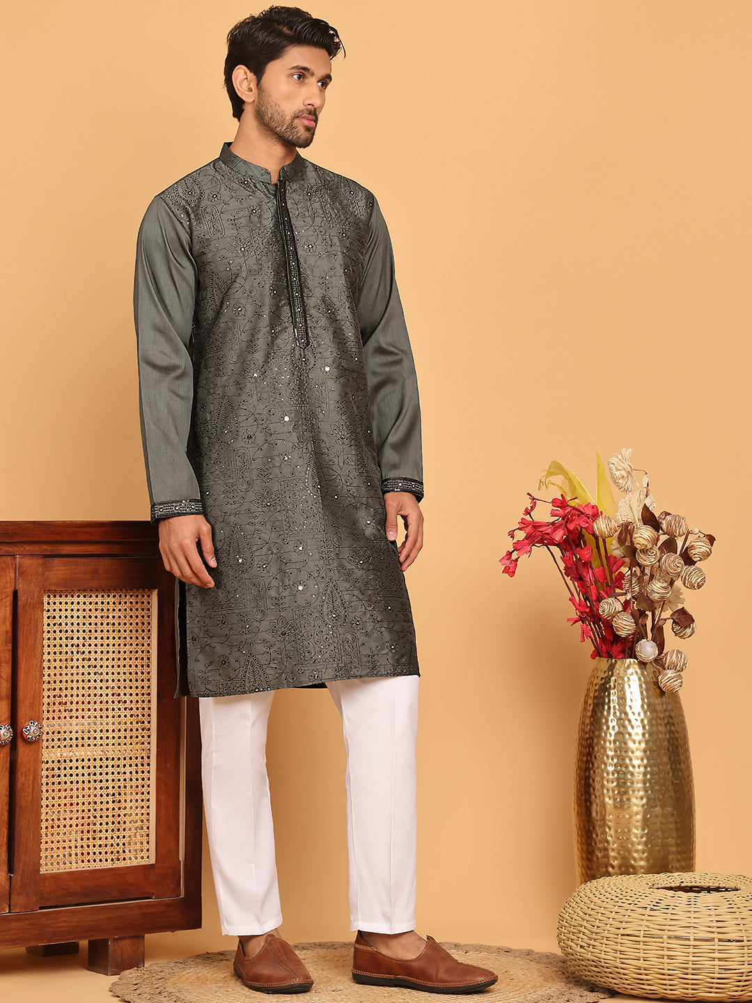 Sequins & Embroidered straight Kurta with Pyjamas ( JOKP P 5189 Grey ) [FF] [I-1-4]