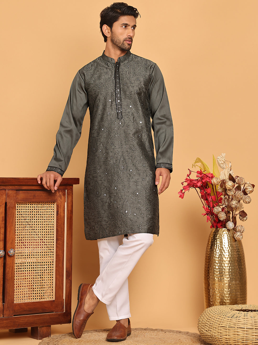 Sequins & Embroidered straight Kurta with Pyjamas ( JOKP P 5189 Grey ) [FF] [I-1-4]