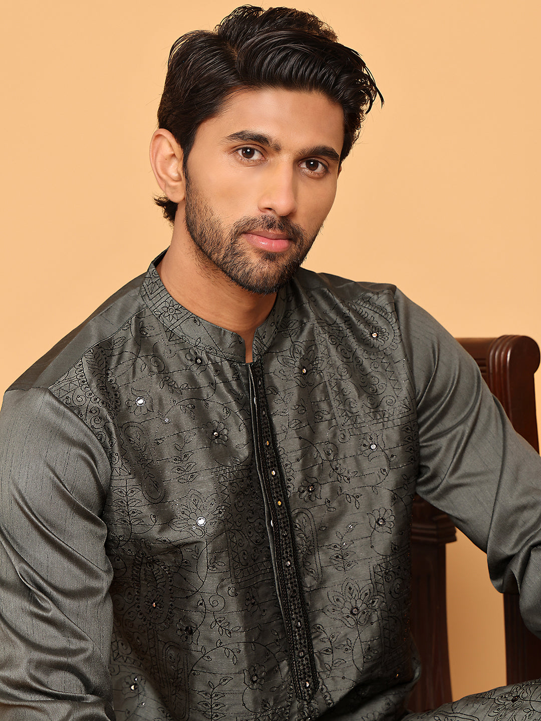 Sequins & Embroidered straight Kurta with Pyjamas ( JOKP P 5189 Grey ) [FF] [I-1-4]