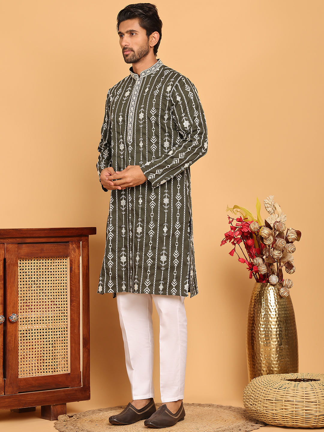Embroidery and mirror work straight Kurta Set, ( JOKP P 5190 Olive )