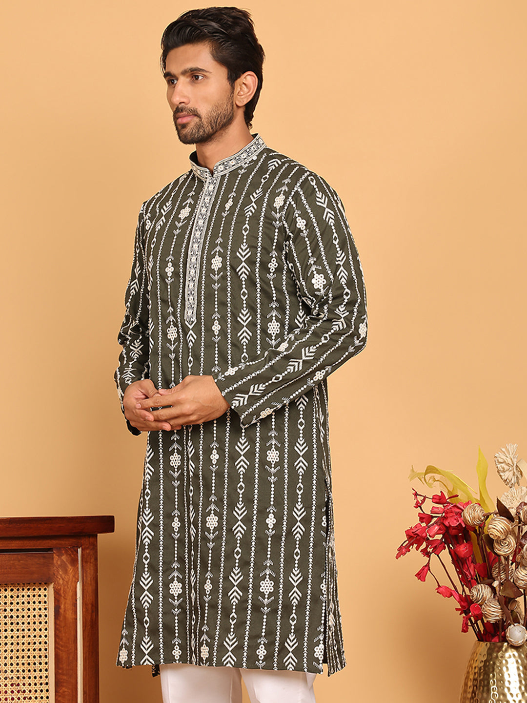 Embroidery and mirror work straight Kurta for Men ( KO 5190 Olive )