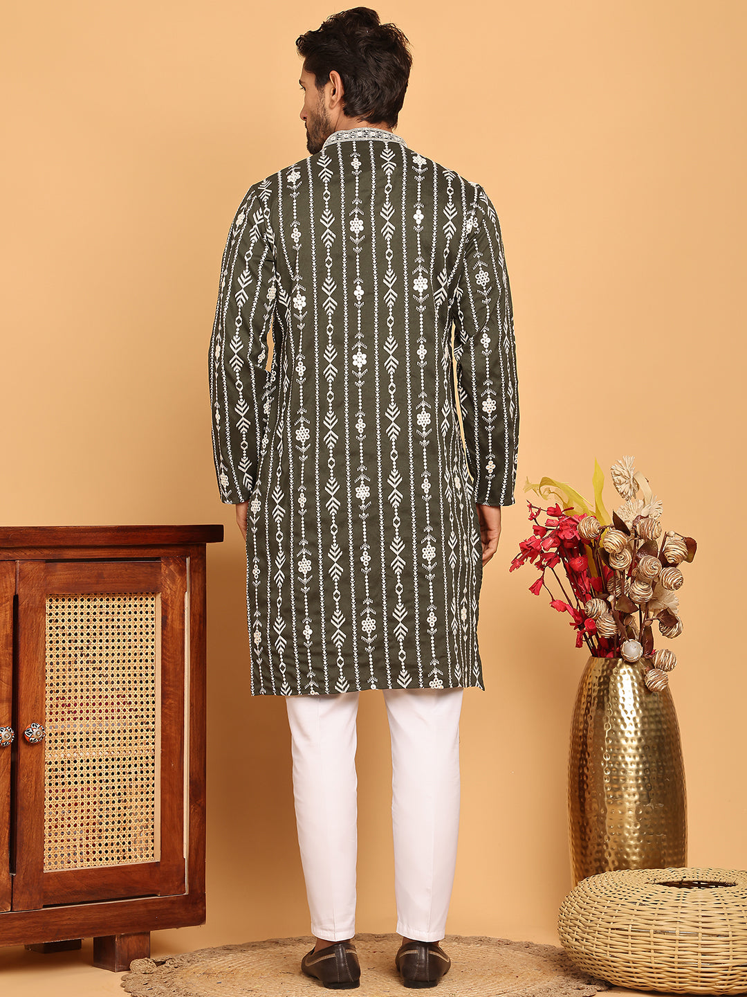 Embroidery and mirror work straight Kurta Set, ( JOKP P 5190 Olive )