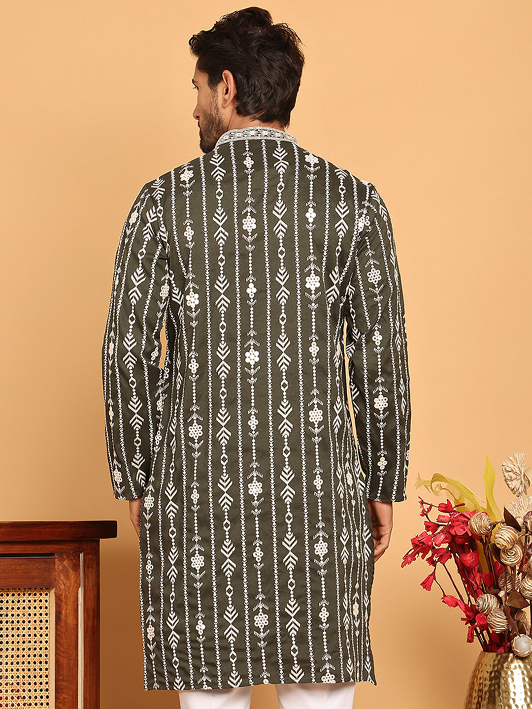 Embroidery and mirror work straight Kurta for Men ( KO 5190 Olive )