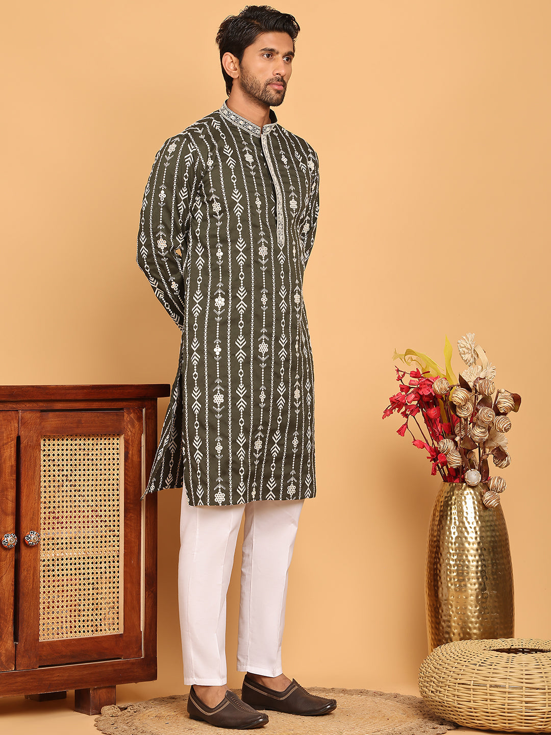 Embroidery and mirror work straight Kurta Set, ( JOKP P 5190 Olive )