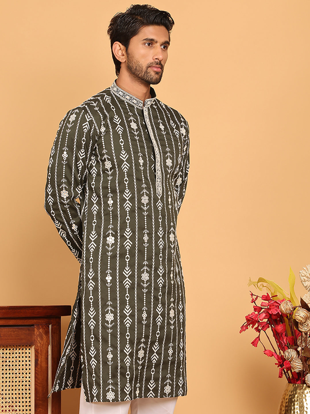 Embroidery and mirror work straight Kurta for Men ( KO 5190 Olive )
