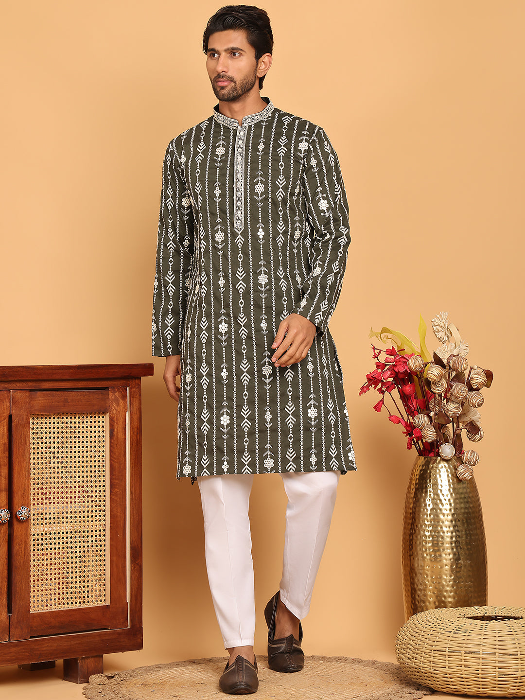 Embroidery and mirror work straight Kurta Set, ( JOKP P 5190 Olive )
