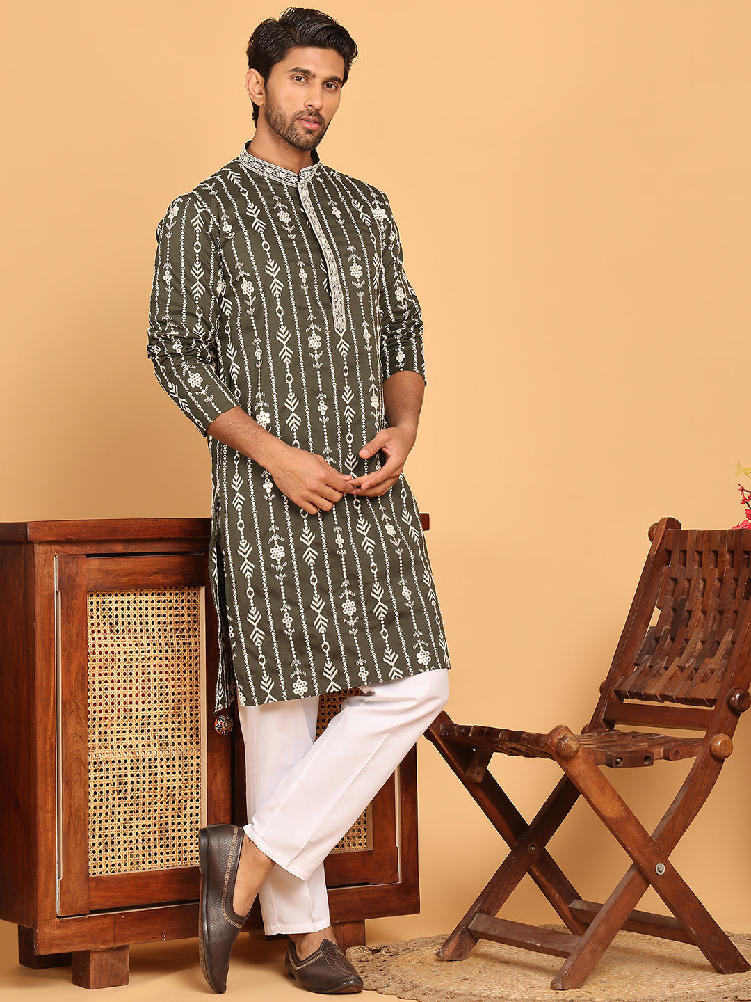 Embroidery and mirror work straight Kurta Set, ( JOKP P 5190 Olive )