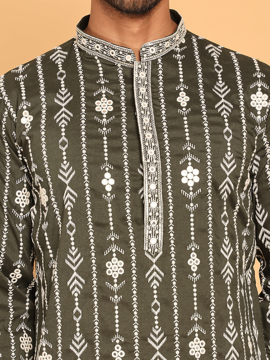 Embroidery and mirror work straight Kurta for Men ( KO 5190 Olive )