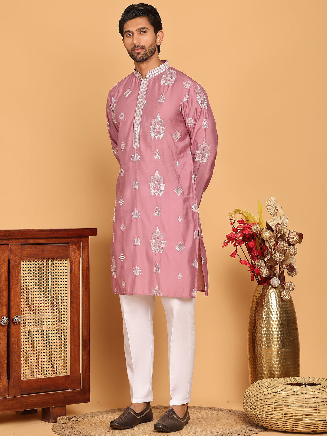 Embroidered Silk Blend Kurta Pyjama Set ( JOKP P 5191 Magenta )