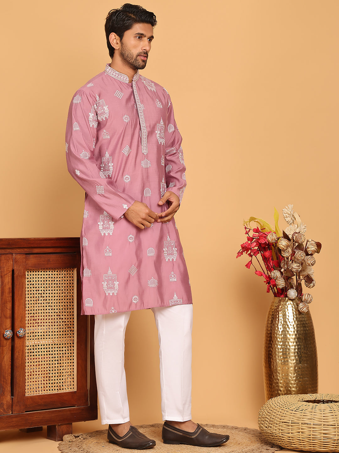 Embroidered Silk Blend Kurta Pyjama Set ( JOKP P 5191 Magenta )