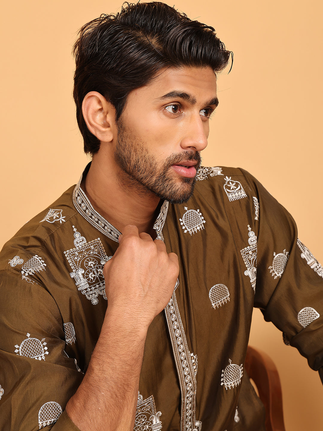 Embroidered Silk Blend Kurta Pyjama Set ( JOKP P 5191 Mehndi )