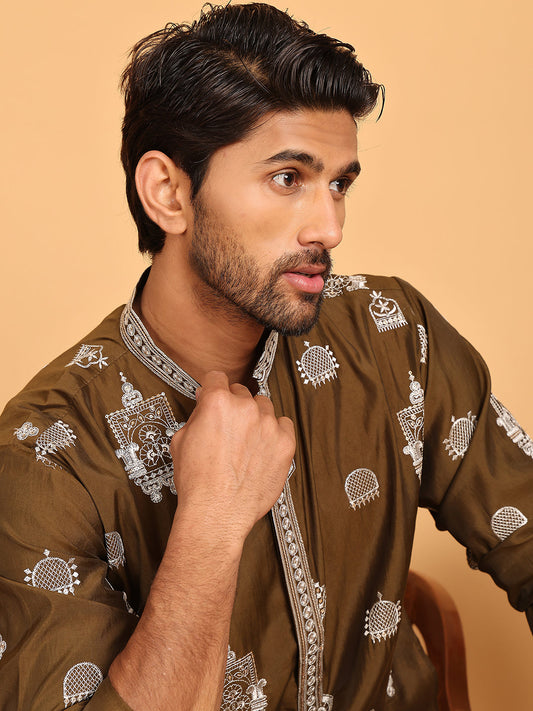 Embroidered Silk Blend Kurta Pyjama Set ( JOKP P 5191 Mehndi )