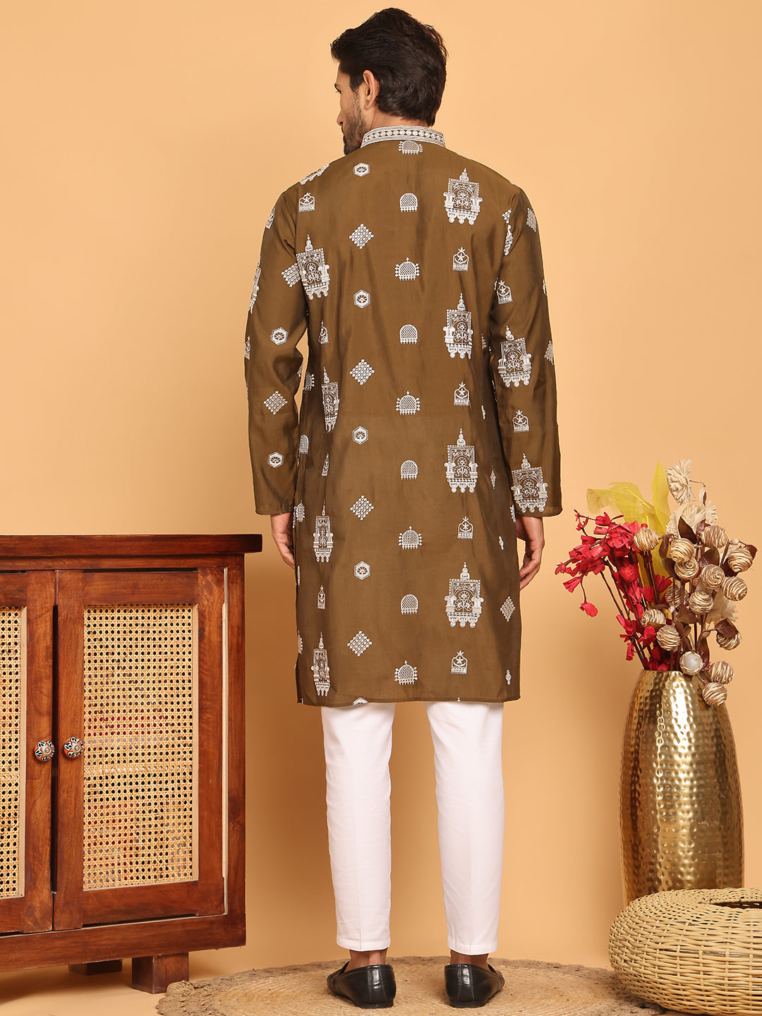 Embroidered Silk Blend Kurta Pyjama Set ( JOKP P 5191 Mehndi )