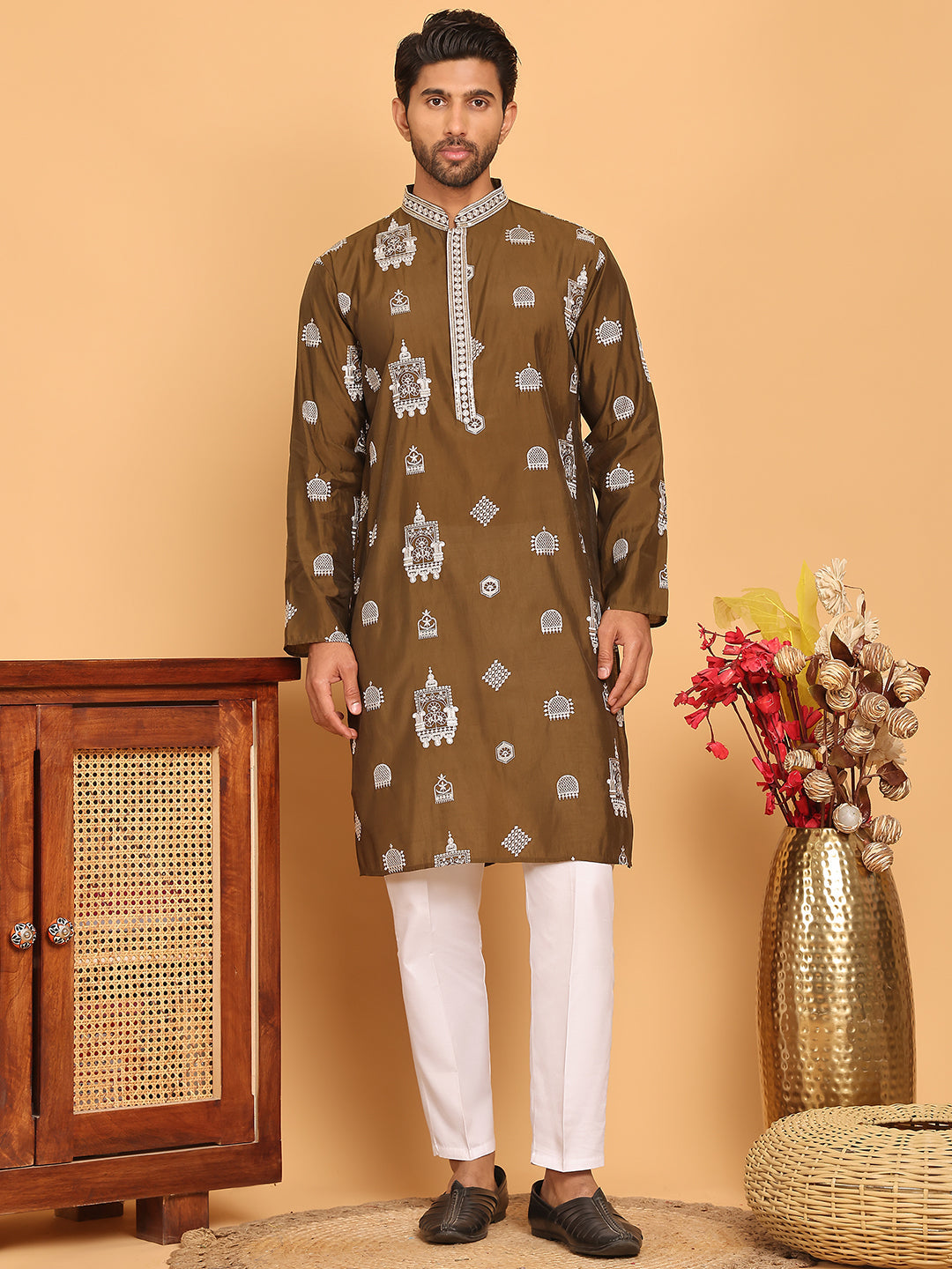 Embroidered Silk Blend Kurta Pyjama Set ( JOKP P 5191 Mehndi )