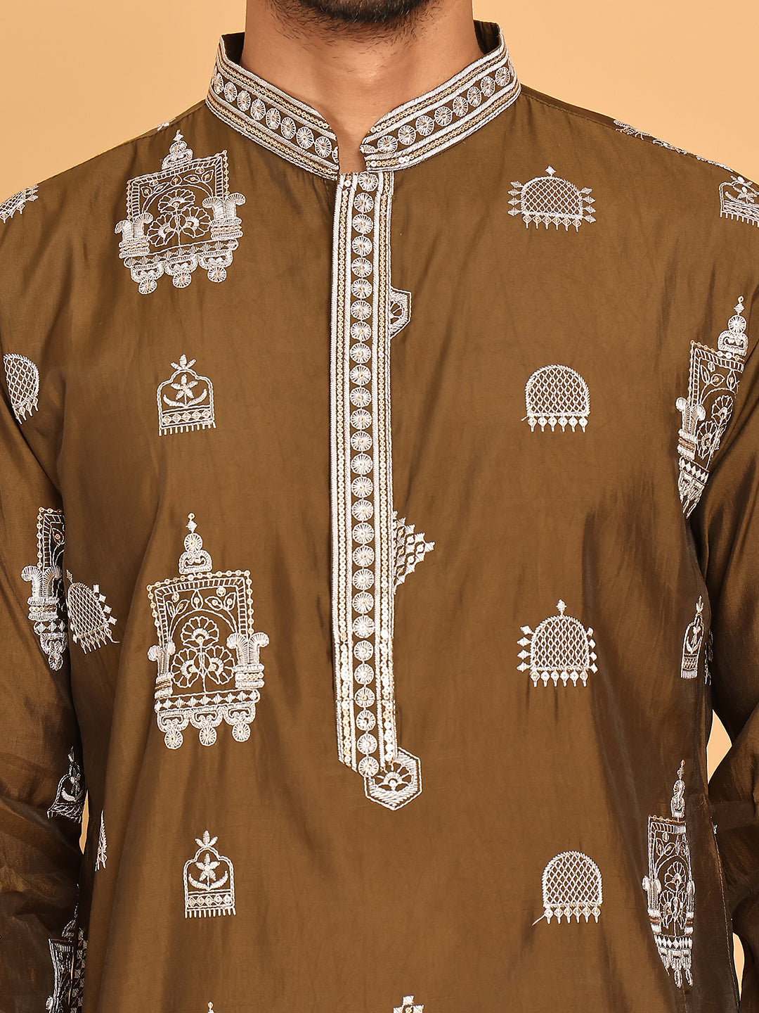 Embroidered Silk Blend Kurta Pyjama Set ( JOKP P 5191 Mehndi )