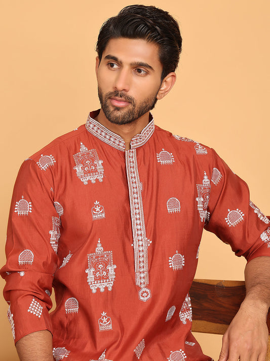 Embroidered Silk Blend Kurta Pyjama Set ( JOKP P 5191 Rust )