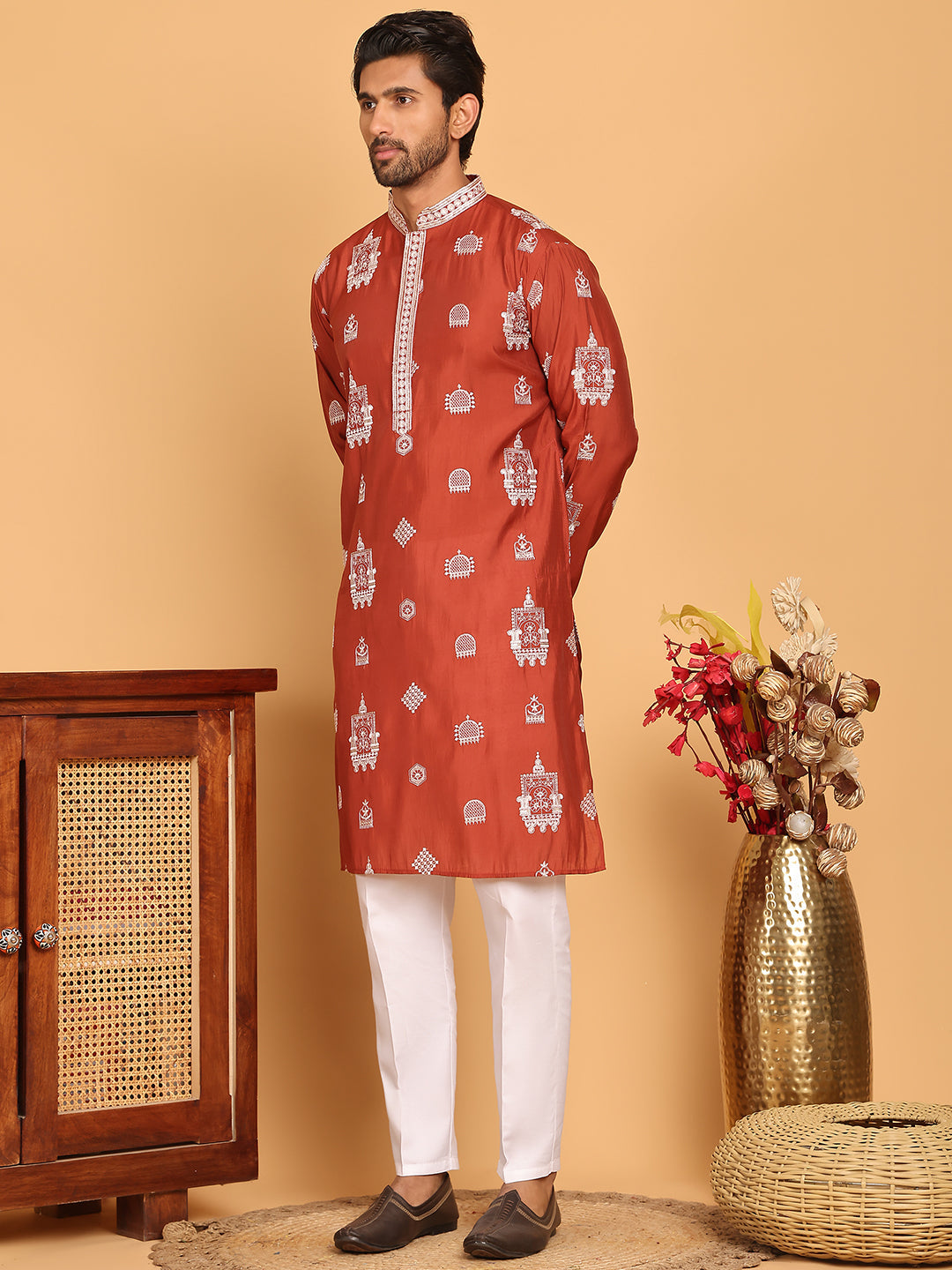 Embroidered Silk Blend Kurta Pyjama Set ( JOKP P 5191 Rust )