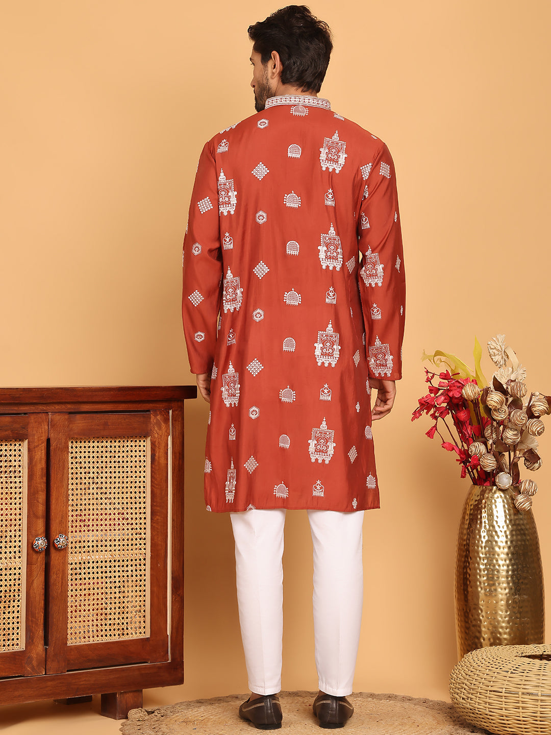 Embroidered Silk Blend Kurta Pyjama Set ( JOKP P 5191 Rust )
