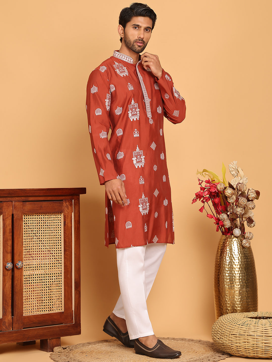 Embroidered Silk Blend Kurta Pyjama Set ( JOKP P 5191 Rust )