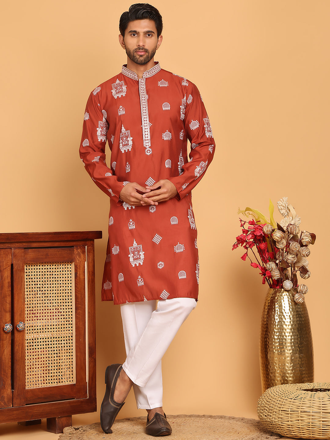 Embroidered Silk Blend Kurta Pyjama Set ( JOKP P 5191 Rust )