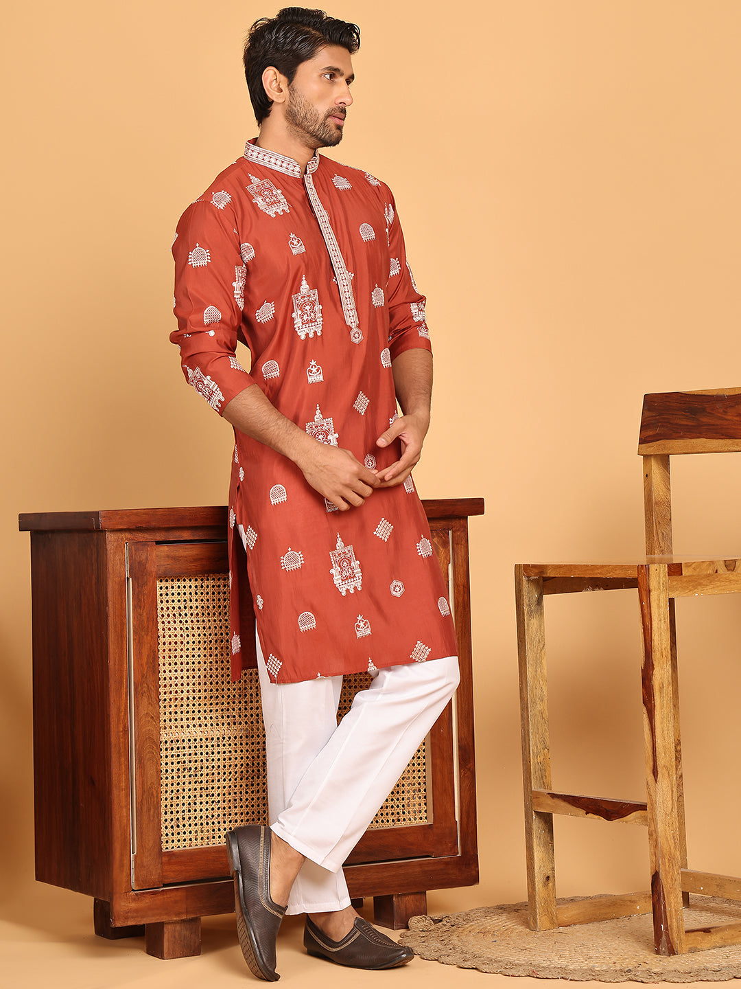 Embroidered Silk Blend Kurta Pyjama Set ( JOKP P 5191 Rust )