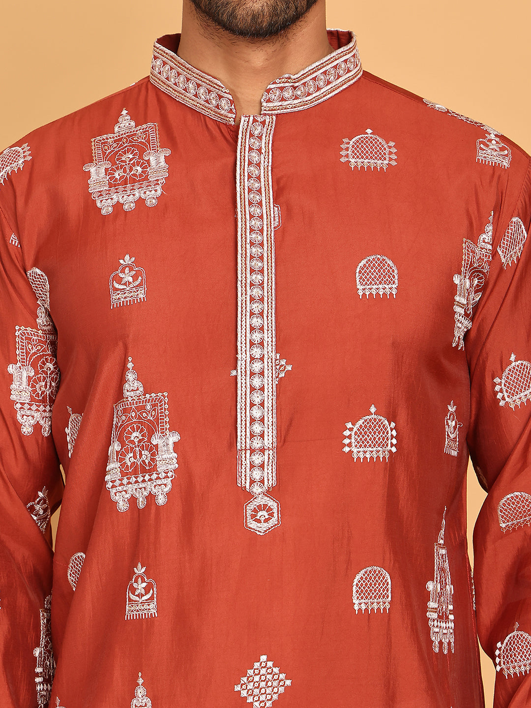 Embroidered Silk Blend Kurta Pyjama Set ( JOKP P 5191 Rust )