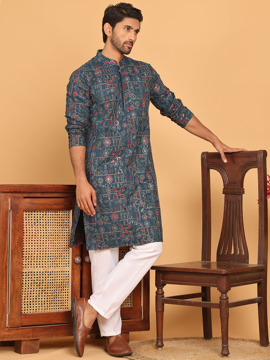 Blue Embroidered Straight Kurta Set For Men ( JOKP P 5192 Teal )