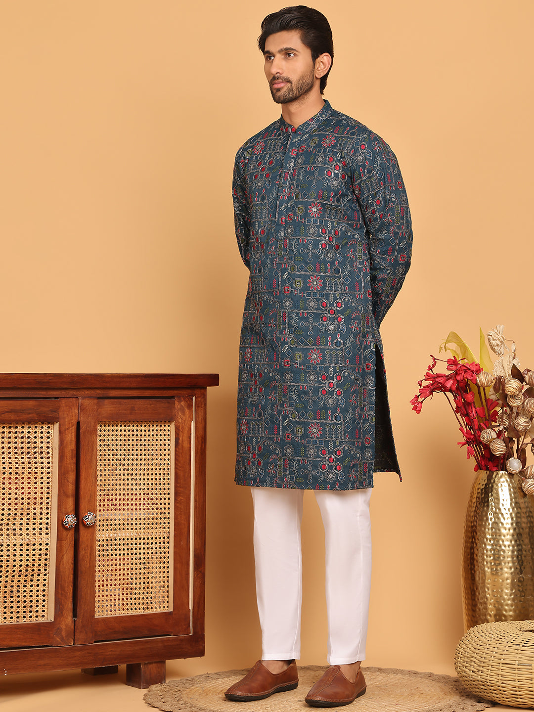 Blue Embroidered Straight Kurta Set For Men ( JOKP P 5192 Teal )