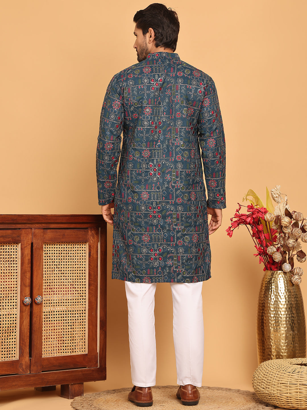 Blue Embroidered Straight Kurta Set For Men ( JOKP P 5192 Teal )