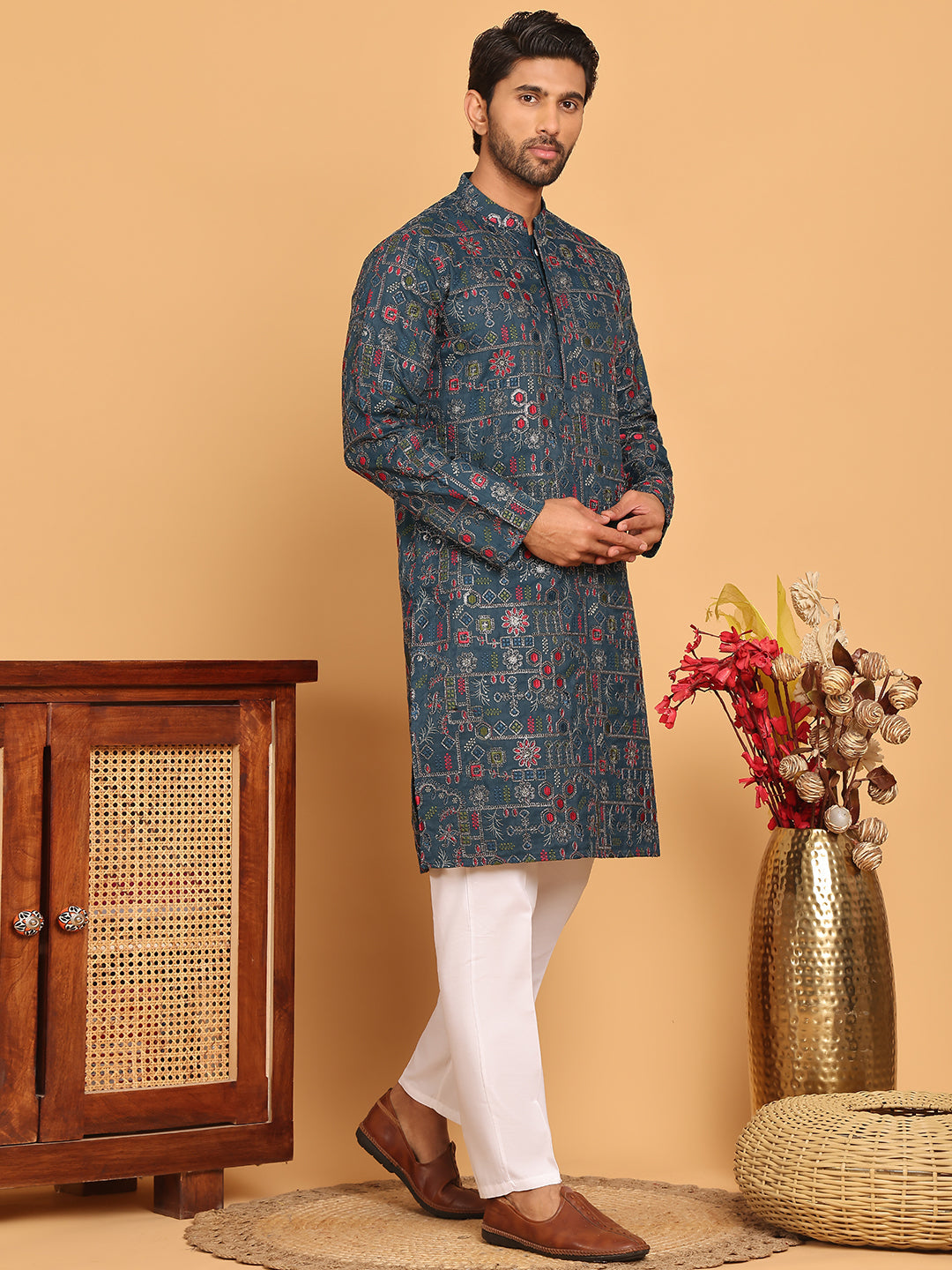 Blue Embroidered Straight Kurta Set For Men ( JOKP P 5192 Teal )