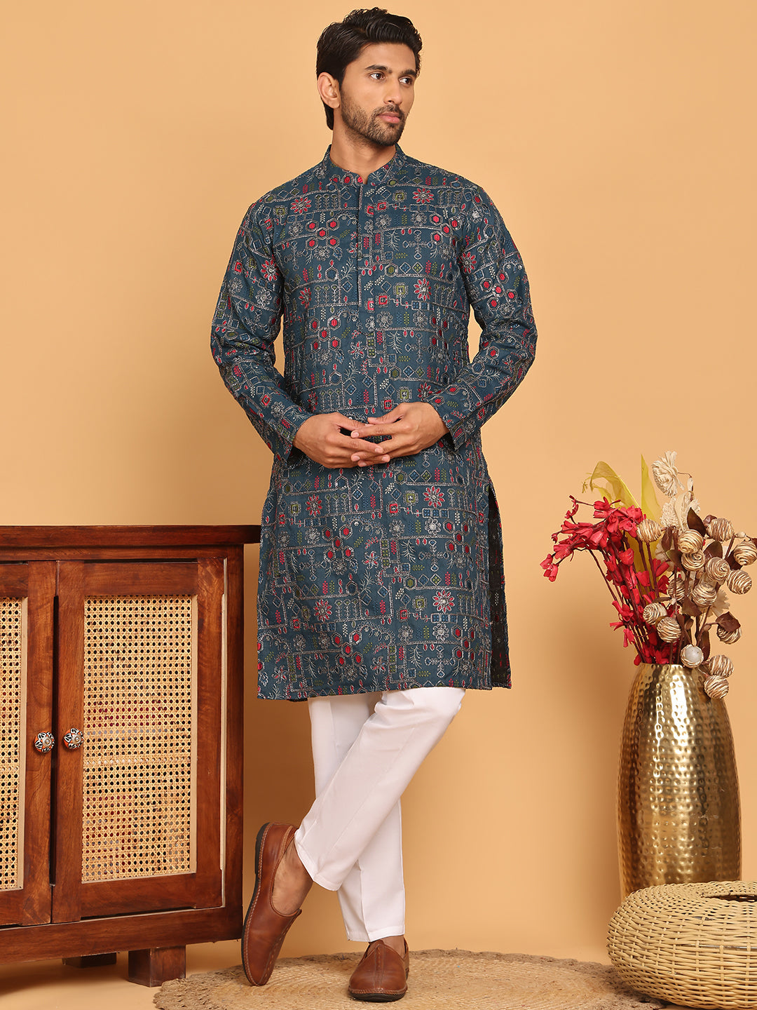 Blue Embroidered Straight Kurta Set For Men ( JOKP P 5192 Teal )