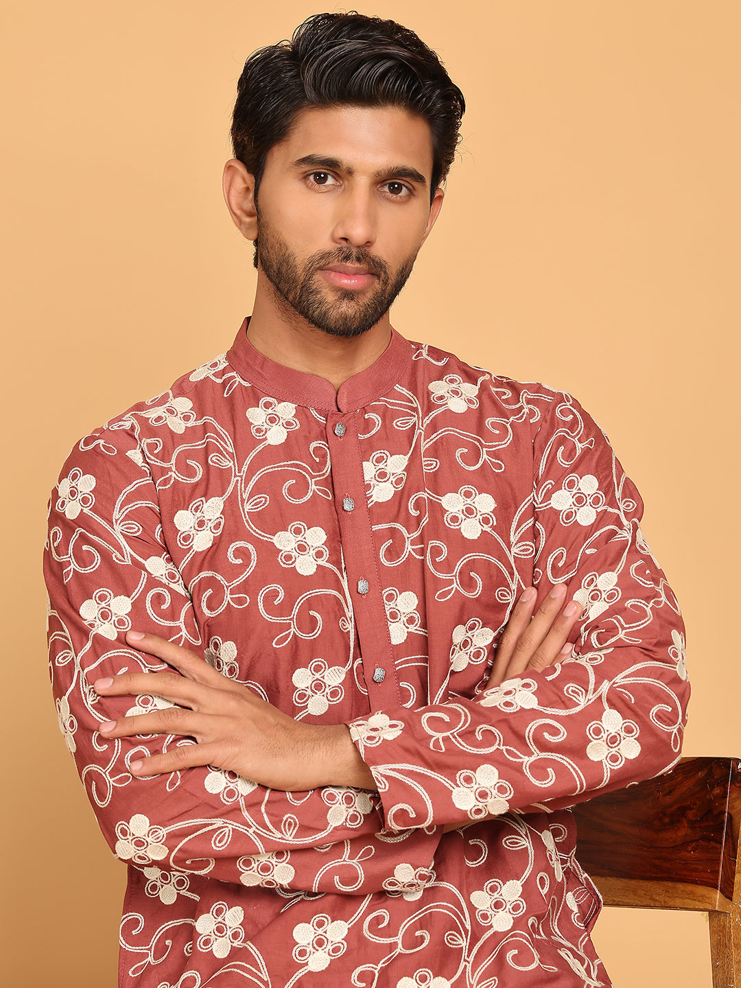 Floral Embroidered Straight Kurta Pyjama Set For Men ( JOKP P 5193 Rust ) [FF] [I-1-4]