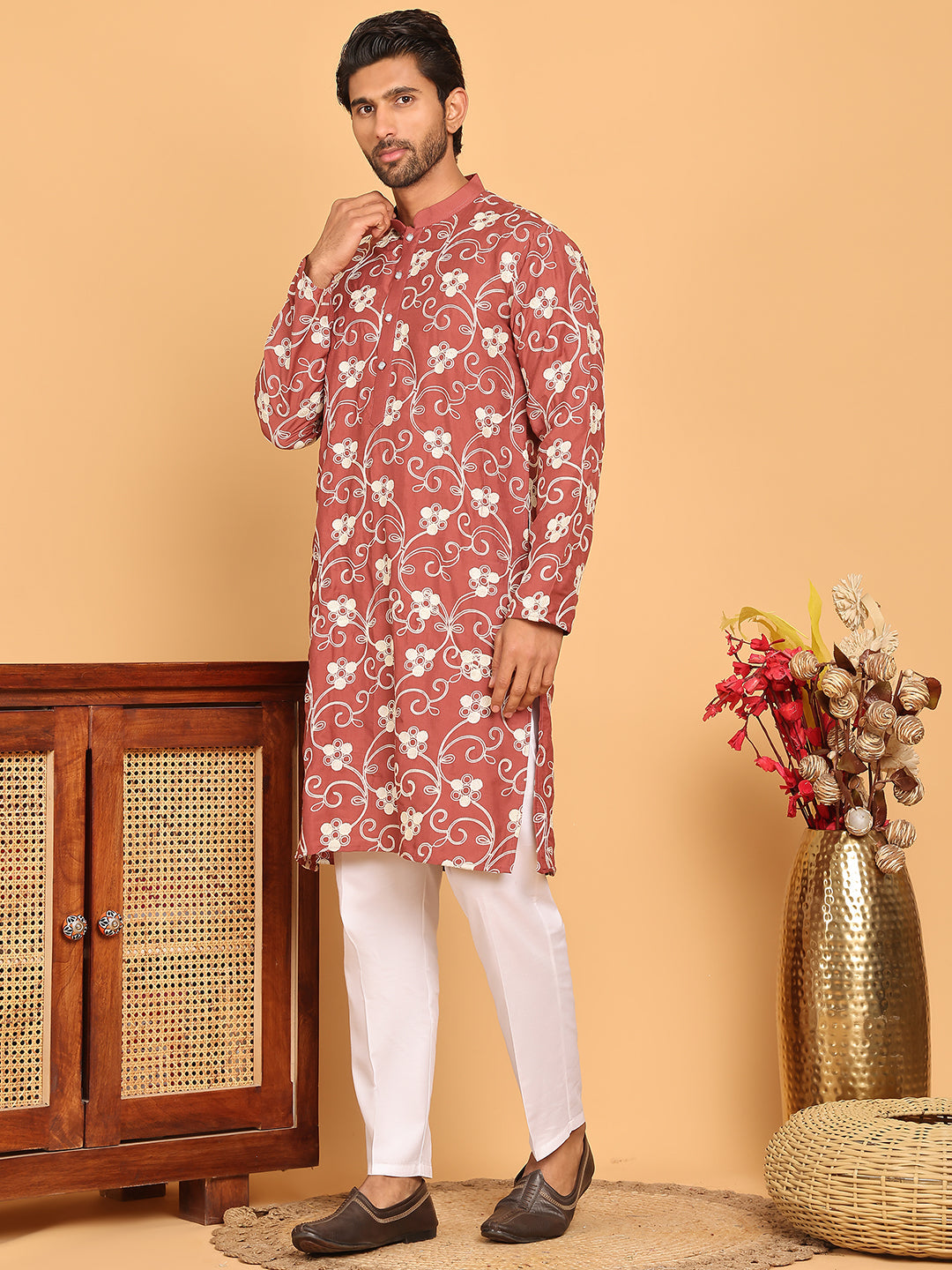 Floral Embroidered Straight Kurta Pyjama Set For Men ( JOKP P 5193 Rust ) [FF] [I-1-4]