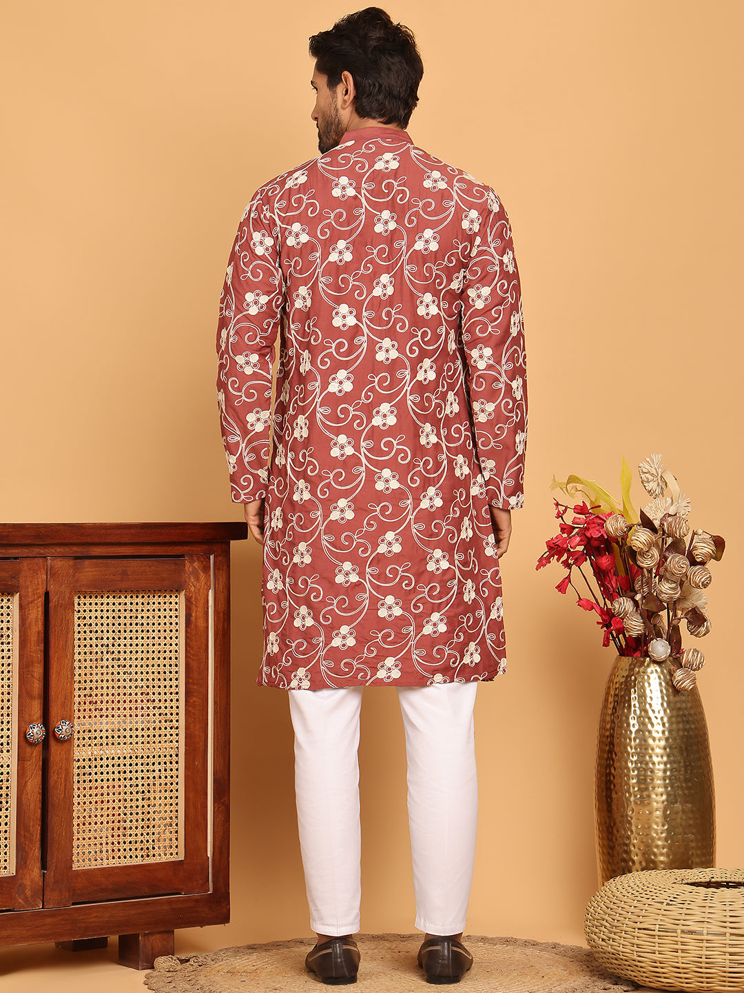 Floral Embroidered Straight Kurta Pyjama Set For Men ( JOKP P 5193 Rust ) [FF] [I-1-4]